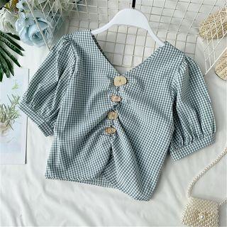 Button-detail Puff-sleeve Checked Blouse