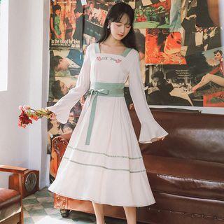 Embroidered Square-neck Bell-sleeve Dress