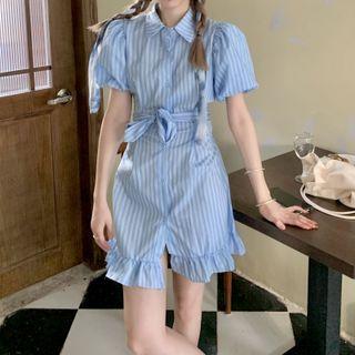 Striped Ruffle Hem Shirt Dress As Shown In Figure - One Size