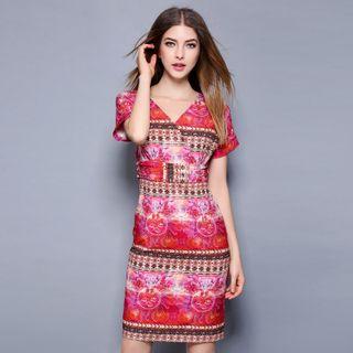 Patterned V-neck Short-sleeve Silk Dress