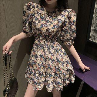 Puff-sleeve Flower Print Mini A-line Dress Violet - One Size