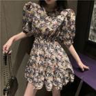 Puff-sleeve Flower Print Mini A-line Dress Violet - One Size
