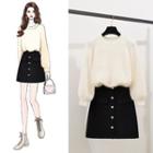 Cut-out Sweater / Buttoned Mini A-line Skirt / Set
