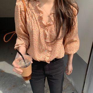 V-neck Ruffle Floral Long-sleeve Shirt