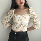 Floral Print Bell-sleeve Cropped Chiffon Blouse