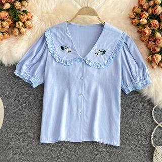Short Sleeve Embroidered Peter-pan Collar Shirt