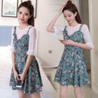 Set: Floral Print Spaghetti Strap Dress + Plain Elbow Sleeve Lace Blouse