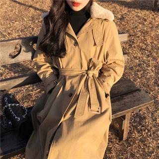Furry Panel Single-breasted Trench Coat Khaki - One Size