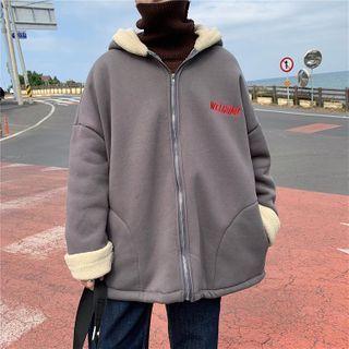 Long-sleeve Letter Embroidered Fleece Zipped Hooded Jacket