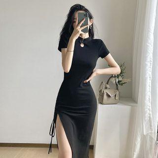 Short-sleeve Drawstring Slit Midi Qipao