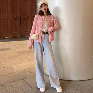 Long-sleeve Jacket + Round-neck Plain T-shirt + Denim Wide Leg Pants Set