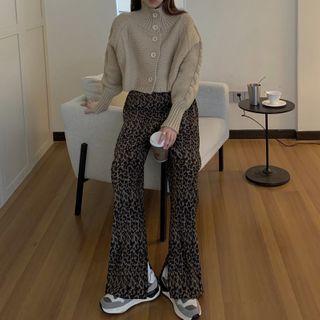 Mock-neck Plain Cardigan / Printed Leopard Wide Leg Pants