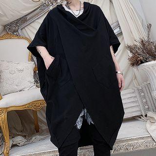 Elbow-sleeve Asymmetric Long T-shirt Black - One Size