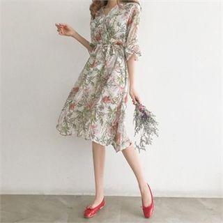 Wrap-front Floral Chiffon Dress With Sash