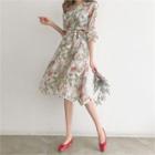 Wrap-front Floral Chiffon Dress With Sash