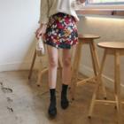 Wrap-front Floral Miniskirt Wine Red - One Size
