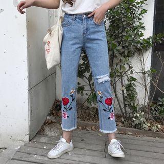 Embroidery Cropped Slim-fit Jeans