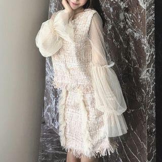 Set: Mesh Panel Long-sleeve Top + High-waist Tweed Skirt