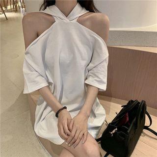 Cutout Shoulder Printed Hooded Short-sleeve Top White - One Size
