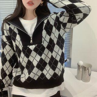 Argyle Half-zip Sweater Black - One Size
