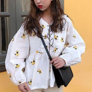 Floral Embroidered Lace-up Blouse White - One Size