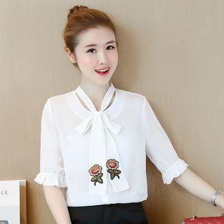 Flower Embroidered Elbow Sleeve Blouse