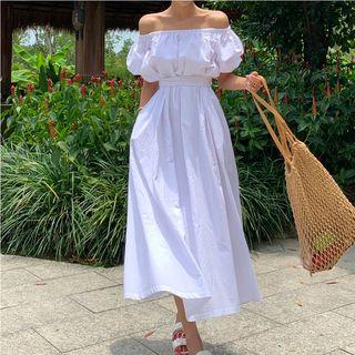 Cold Shoulder Short-sleeve Midi A-line Dress White - One Size