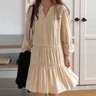 Puff-sleeve Shirred A-line Dress Almond - One Size
