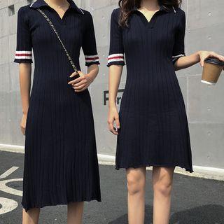 Elbow-sleeve Polo Knit Dress