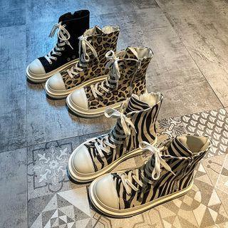 Animal Print Lace-up Canvas Short Boots