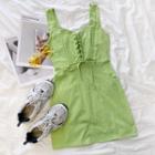 Sleeveless Lace-up Plain Mini Dress Green - One Size
