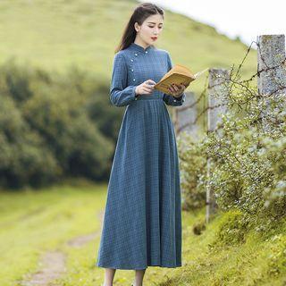 Stand Collar Plaid A-line Maxi Dress