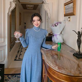 Turtleneck Ruffled Knit Midi A-line Dress