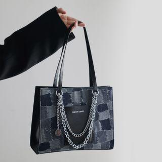 Patchwork Chain Tote Bag Dark Gray & Light Gray - One Size