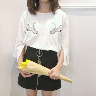 Crane Embroidered 3/4-sleeve T-shirt