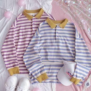 Color Block Striped Long-sleeve Polo Shirt
