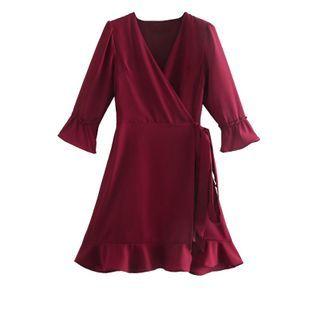 Flared-sleeve Ruffle Hem Mini A-line Dress