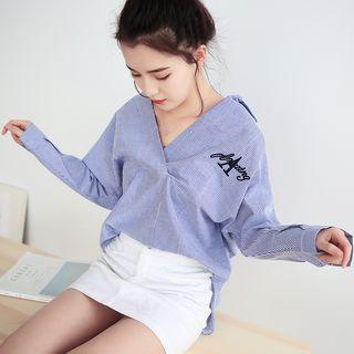 Letter Embroidered Striped Split Neck Shirt