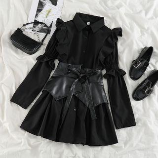 Ruffle Long-sleeve Dress / Faux-leather Corset Belt