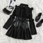 Ruffle Long-sleeve Dress / Faux-leather Corset Belt