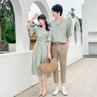 Couple Matching Short-sleeve Shirt / Pants / 3/4-sleeve Midi A-line Dress / Set