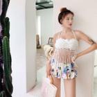 Set: Fringed Lace Bikini Top + Floral Print Skirt