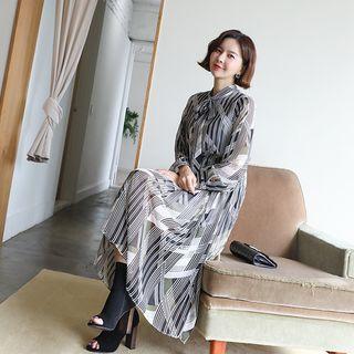 Tie-neck Pattern Chiffon Dress