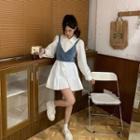 Long-sleeve Mini Shirtdress / Denim Cropped Camisole Top