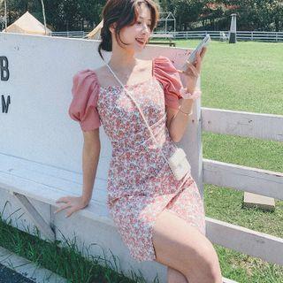 Puff Sleeve Square Neck Floral Print Mini Sheath Dress