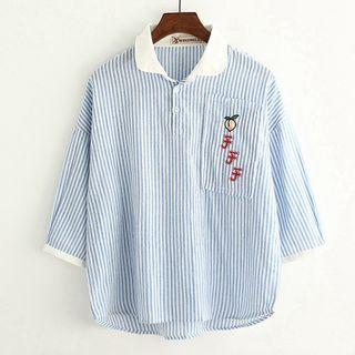Pinstriped 3/4-sleeve Blouse Blue - One Size