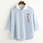 Pinstriped 3/4-sleeve Blouse Blue - One Size