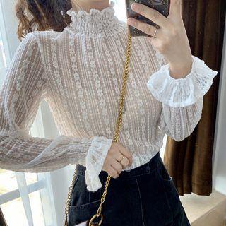 Mock-turtleneck Flare-cuff Lace Blouse