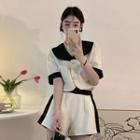 Short-sleeve Two Tone Blouse / Shorts