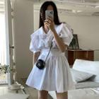 Short-sleeve Collared Eyelet Lace Blouse / Lace-up Mini A-line Skirt